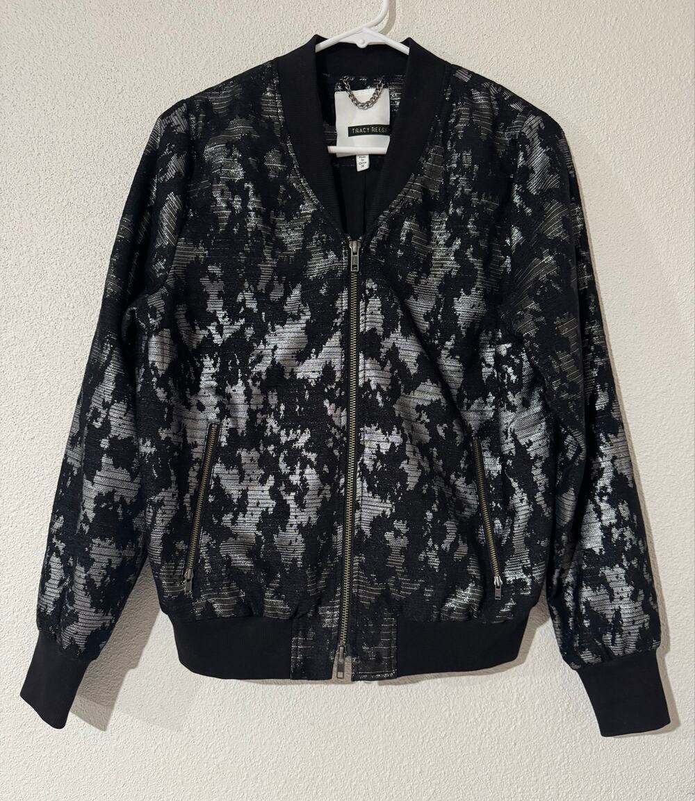 Tracy Reese Chic Metallic Silver & Black Abstract Brocade Bomber Jacket Preppy